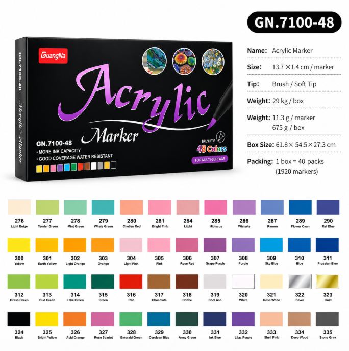 GuangNa Acrylic Marker GN.7100 — преміальні акрилові маркери для творчості та декору (48 шт.)