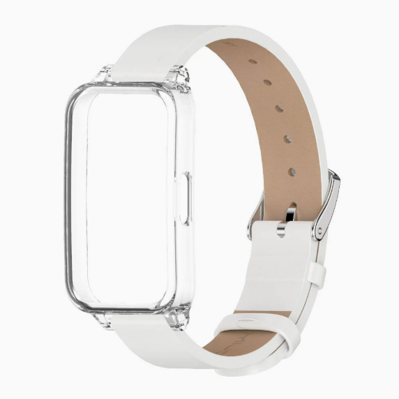 Захисний чохол MIJOBS з ремінцем зі шкіри/мікрофібри для Huawei Band 10 / 9 / 8, з підтримкою NFC (білий+прозорий)