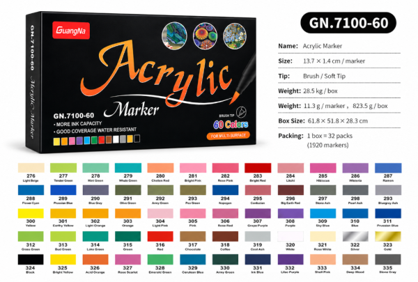 GuangNa Acrylic Marker GN.7100 — преміальні акрилові маркери для творчості та декору (60 шт.)