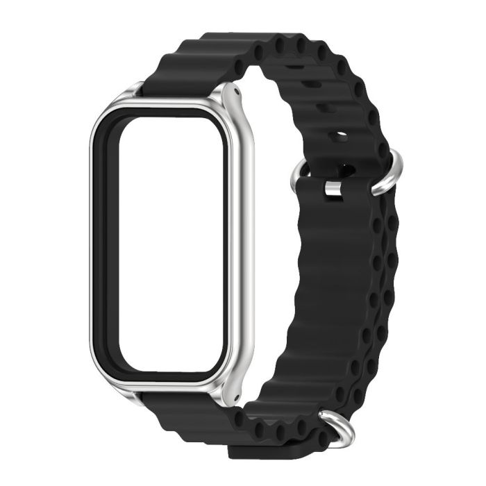 Силіконовий ремінець Ocean з алюмінієвою рамкою для Mi Band 9 Active / Redmi Band 3 (Чорний+срібло)