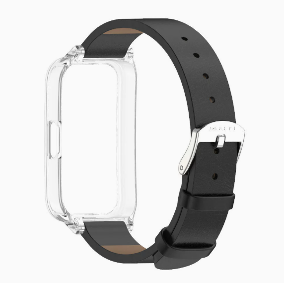 Захисний чохол MIJOBS з ремінцем зі шкіри/мікрофібри для Huawei Band 10 / 9 / 8, з підтримкою NFC (чорний+прозорий)