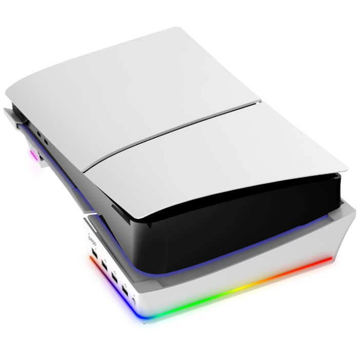 Горизонтальна підставка з підсвіткою для PS5 Slim / PS5 Pro – 4×USB, RGB, білого кольору
